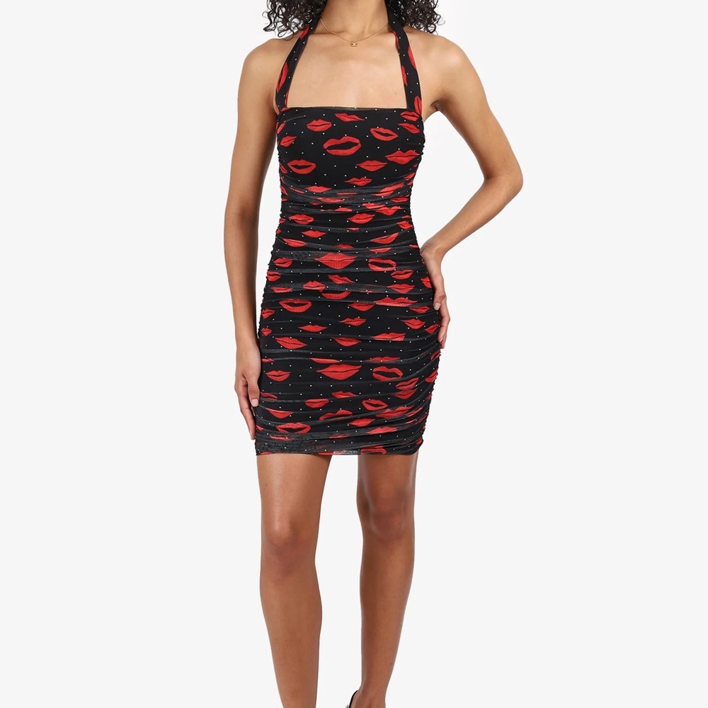 AFRM Black and Red Lip Print Halter Dress